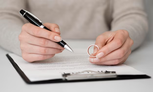 A man with a ring in his hands signs documents